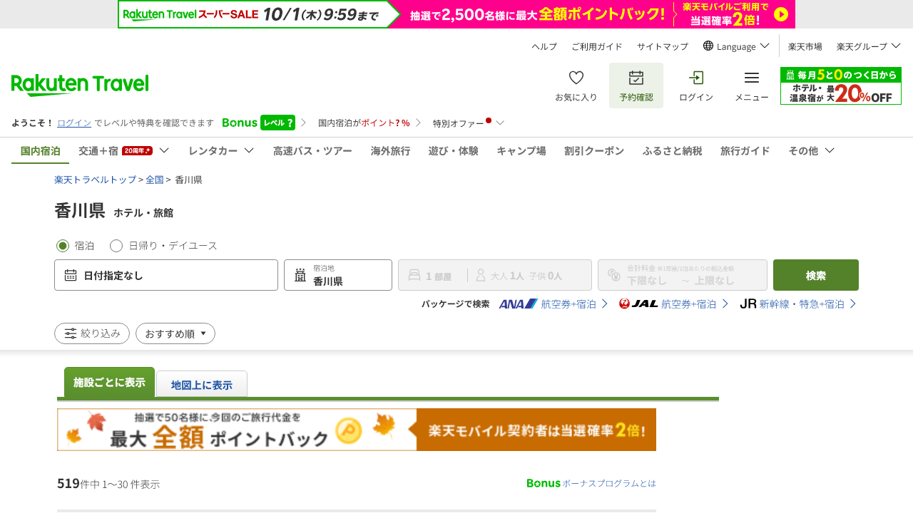 楽天トラベル公式サイトの香川県ホテル・旅館一覧画面